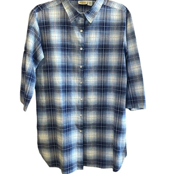 Collections Etc Button Up Shirt Dress 3/4 Sleeve Blue Plaid Sz M Midi - Picture 1 of 8